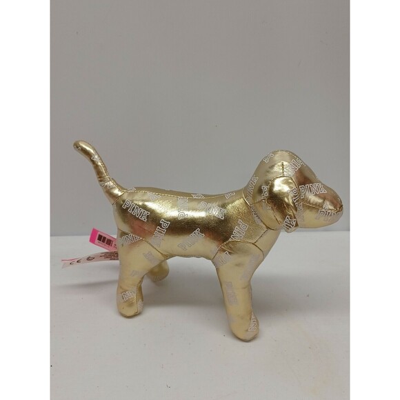 2 Victoria Secret Pink Mini Dog Stuffed Plush 7" Metallic Gold Phi Beta Pink - Picture 2 of 12